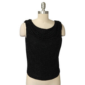 Cache Vintage Beaded Cowl Neck Top Size 10 M Black 100% Silk Formal Sleeveless